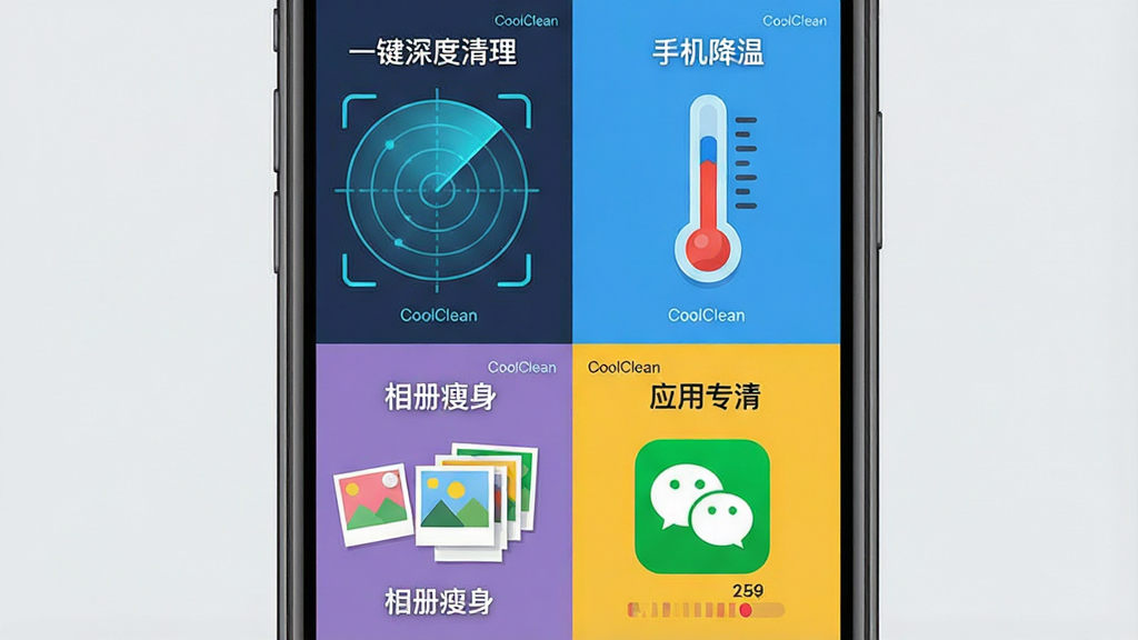 CoolClean软件功能展示图,画面中央是一部手机,屏幕被分为四个象限。左上角显示“一键深度清理”的扫描雷达动画,右上角显示“手机降温”的温度计从红色降到蓝色,左下角显示“相册瘦身”的重复照片堆叠对比,右下角显示“应用专清”的微信图标和清理进度条。布局清晰,排版整齐。风格是扁平化插画风,色彩明快,线条简洁。细节上,每个象限都有微小的文字标注“CoolClean”。画质干净,无多余元素,背景为浅灰色。