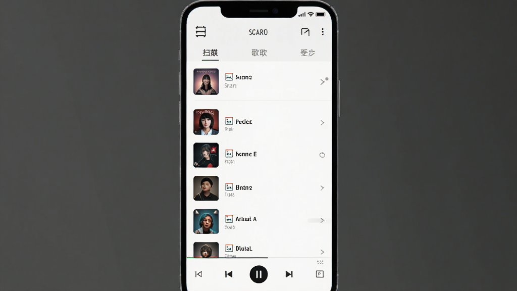 一张展示免酷音乐本地音乐管理界面的图片,画面中是一个手机屏幕,屏幕里显示着本地歌曲列表,每首歌前面有专辑小图,顶部有扫描按钮和歌单标签,底部有播放控制条,背景是浅色主题,风格简约扁平化,画质干净清晰无多余元素。