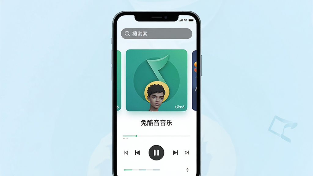 一张展示免酷音乐手机应用主界面的图片,画面中央是一部竖向放置的智能手机,手机屏幕里显示着免酷音乐的播放器界面,顶部是搜索栏,中间是专辑封面和歌曲名称,底部是播放控制按钮,背景是淡蓝色渐变,风格简洁现代扁平化,画质干净清晰无多余元素,文字清晰可辨。