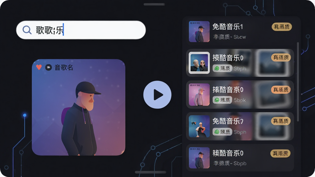 一张展示免酷音乐搜索与播放功能的图片,画面左侧是搜索框输入歌名,右侧弹出多个搜索结果列表,列表项带有音质标签,中间有一个播放按钮图标,背景是深色模式,风格科技感扁平化,画质干净无多余元素,文字清晰。