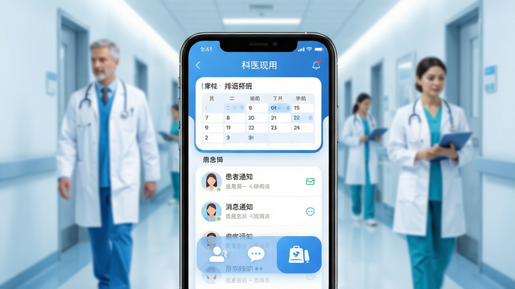 科医医护端应用主界面展示,整体采用清爽的蓝白配色方案,画面中央是手机屏幕模型,屏幕上清晰显示着排班日历卡片、患者列表和消息通知图标。背景是虚化的医院走廊场景,有穿着白大褂的医护人员模糊身影走过。整体风格偏向现代医疗科技感,细节处理圆润,画质干净明亮,没有多余杂乱元素。