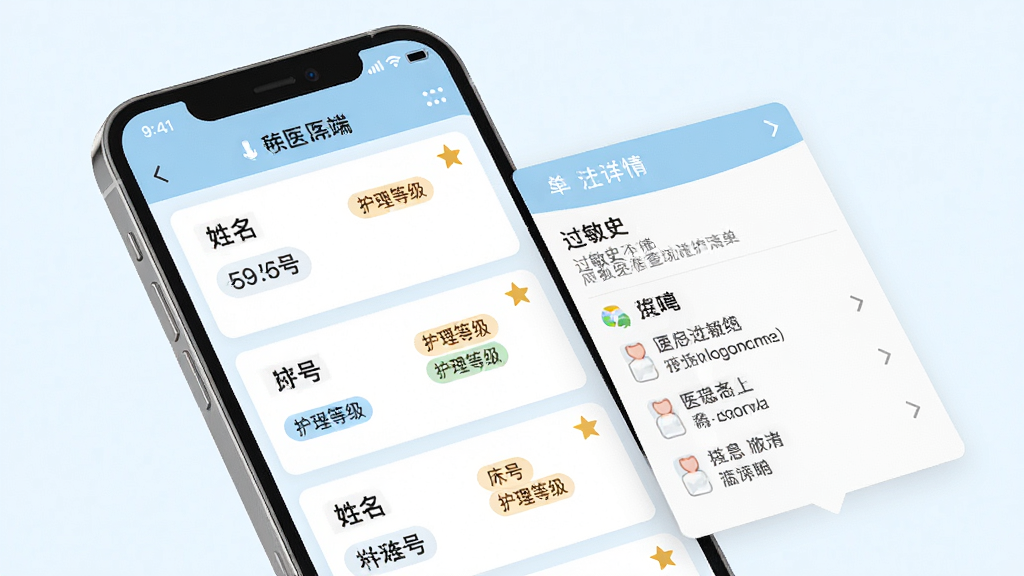 科医医护端患者信息速查功能展示,手机屏幕显示着患者列表卡片,每张卡片上有姓名、床号、护理等级标签和星标图标,点击后弹出详情面板显示过敏史和医嘱清单。整体界面以白色和浅蓝色为主,风格简洁专业,画质高清,文字排版工整,没有多余装饰元素。