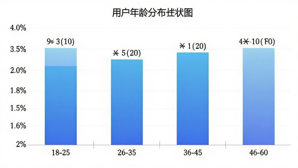 启滴打车司机端 用户年龄分布柱状图 主体是柱状图展示不同年龄段用户占比 布局横轴为年龄段18-25、26-35、36-45、46-60 纵轴为百分比 柱体颜色为蓝色渐变 排版清晰 风格数据可视化 细节标注明确 画质干净 无多余元素