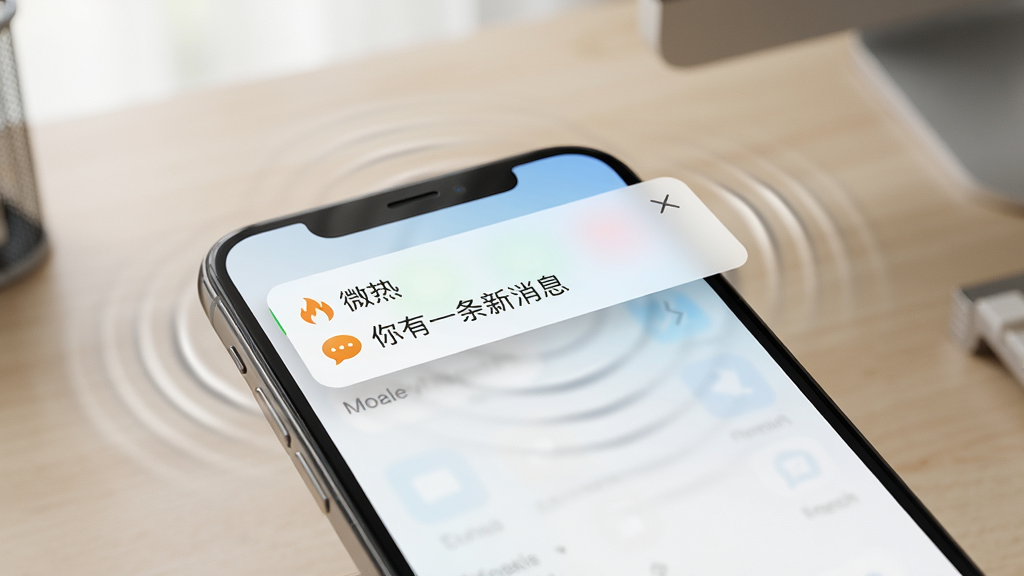 一张消息通知场景图,画面中一部手机屏幕亮起,顶部弹出