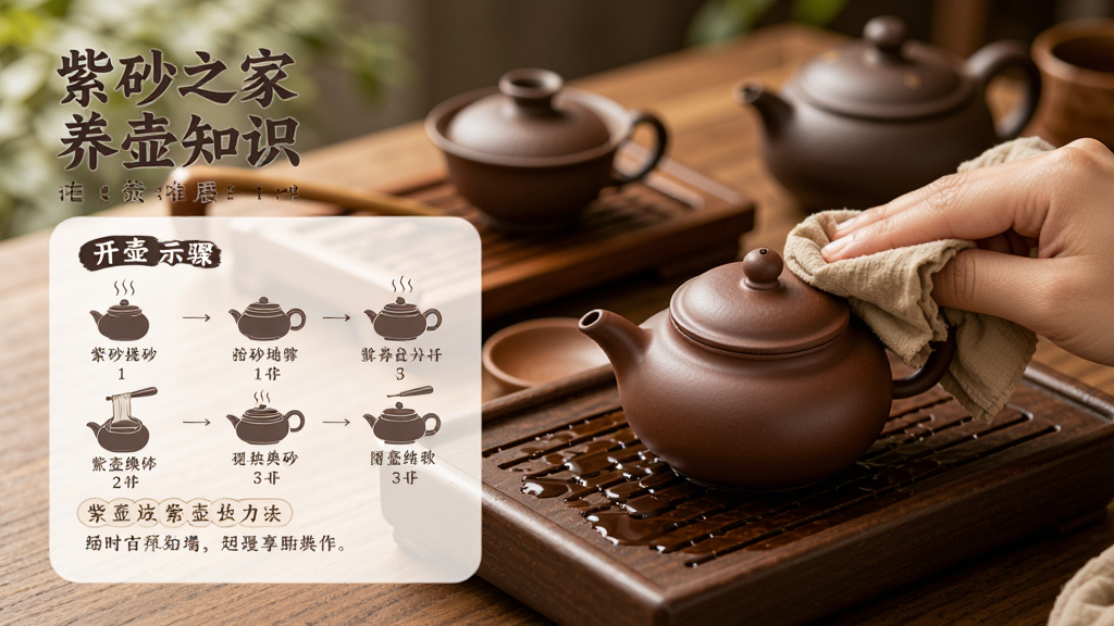 紫砂之家 养壶知识页面,画面中一只手正用茶巾擦拭紫砂壶,旁边有开壶步骤示意图和文字说明,背景是茶桌和茶具,风格温馨实用,画质清晰