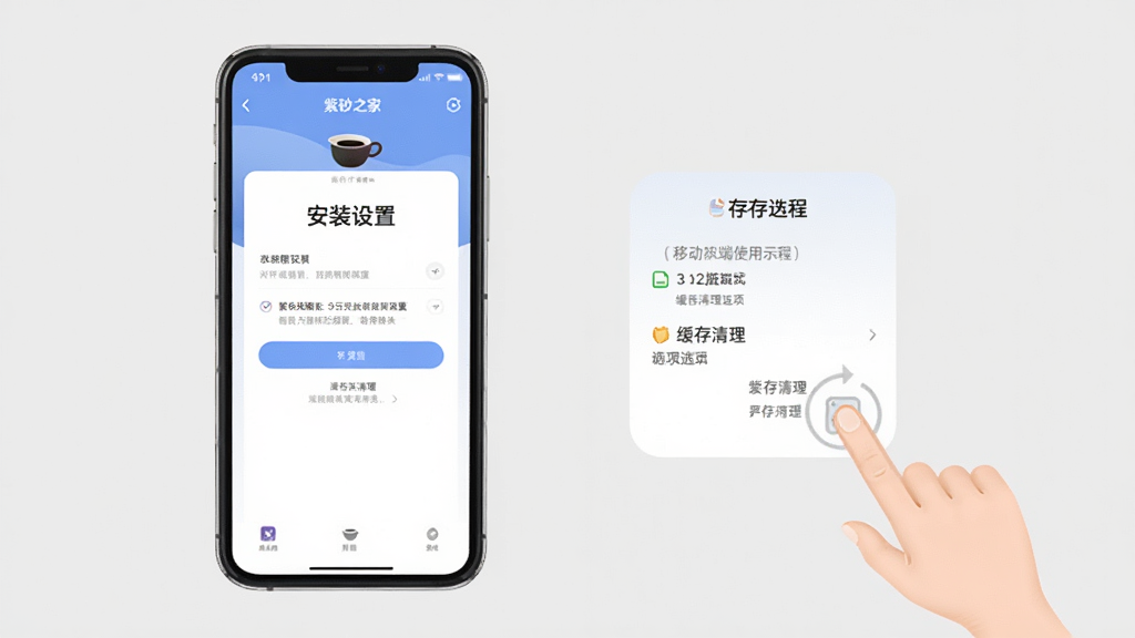 紫砂之家 移动端使用教程示意图,画面为手机屏幕展示App安装权限设置界面和缓存清理选项,旁边有手指点击操作示意,风格简洁明了,背景为浅灰色,画质干净无多余元素