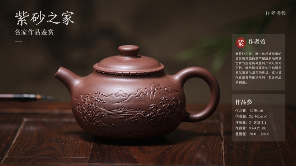 紫砂之家 名家作品鉴赏页面,展示一把精美的紫砂壶高清大图,壶身刻有山水图案,旁边配有作者简介和作品参数,背景为深色木质桌面,光线柔和,画质细腻干净