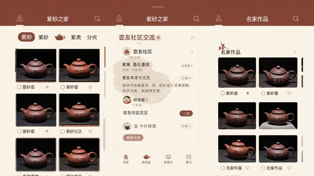 紫砂之家 手机应用界面展示,主页面为紫砂壶高清图库,包含紫砂壶分类导航、壶友社区交流板块、名家作品展示区域,整体色调以紫砂红褐色和米白色为主,布局简洁清晰,风格典雅中式,画质干净无多余元素