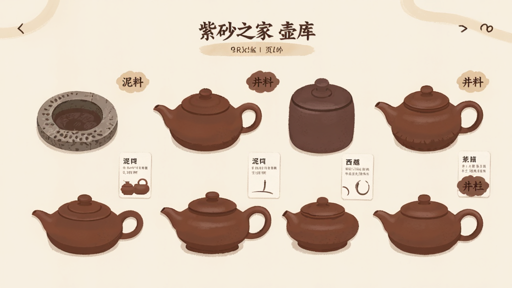 紫砂之家 壶库页面截图风格插画,画面中央是各种紫砂壶型排列展示,石瓢壶、西施壶、井栏壶清晰可见,旁边有泥料说明卡片,背景为淡雅米色,风格扁平化设计,画质干净
