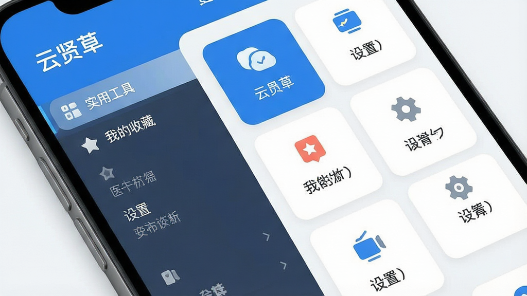 一张展示“云贤草”App内部功能卡片和侧边栏菜单的详细图片,主体是手机屏幕特写,屏幕内显示多个功能入口,如“实用工具”、“我的收藏”、“设置”等。布局采用左右分栏,左侧是侧边栏菜单,右侧是功能卡片。排版清晰,文字标签明确。风格为现代扁平化,色调以蓝白为主。细节上,卡片边缘圆润,图标简洁,背景干净。画质高清、无噪点、无多余元素。