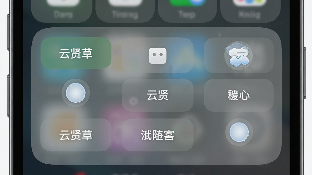一张展示“云贤草”App快捷操作面板的详细图片,主体是手机下拉通知栏或桌面小组件,显示“云贤草”的快捷按钮。布局紧凑,按钮排列整齐。排版上,每个按钮下方有功能名称。风格为轻量化、科技感。细节上,按钮有按压反馈效果,背景半透明。画质高清、干净、无多余元素。