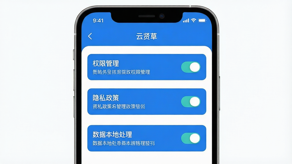 一张展示“云贤草”App隐私安全设置界面的详细图片,主体是手机屏幕上的权限管理页面。布局居中,显示“权限管理”、“隐私政策”、“数据本地处理”等选项。排版简洁,开关按钮清晰。风格为安全可靠的科技蓝风格。细节上,每个选项旁边有简短的说明文字,界面无广告。画质高清、干净、无多余元素。