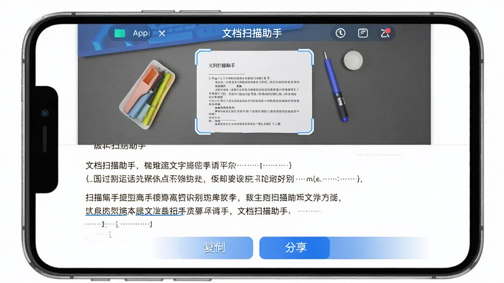 文档扫描助手App的文字识别结果界面,手机屏幕上半部分显示扫描的文档图片,下半部分显示提取出来的文字内容,界面中有复制和分享按钮,整体设计简洁明了,以白色和蓝色为主色调,画质干净,图中文字标注“文档扫描助手”