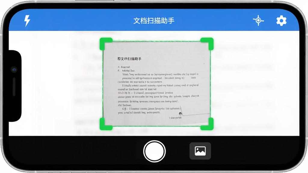 文档扫描助手App的拍摄界面截图,手机屏幕中显示一张纸质文档被绿色识别框自动框选,界面底部有拍摄按钮和相册导入按钮,顶部有闪光灯和设置图标,整体UI设计简洁,以白色和蓝色为主色调,画质干净清晰,图中文字标注“文档扫描助手”