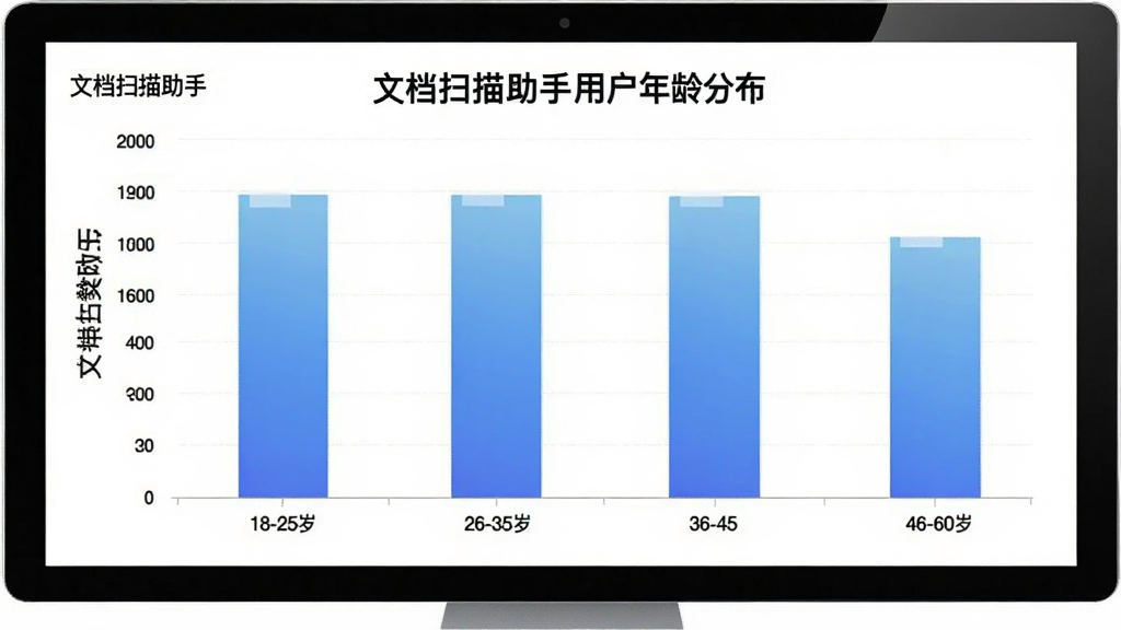 文档扫描助手用户年龄分布柱状图,横轴为年龄段18-25岁、26-35岁、36-45岁、46-60岁,纵轴为用户人数占比,柱状图颜色为蓝色渐变,图表标题为“文档扫描助手用户年龄分布”,整体风格简洁专业,画质清晰,图中文字标注“文档扫描助手”