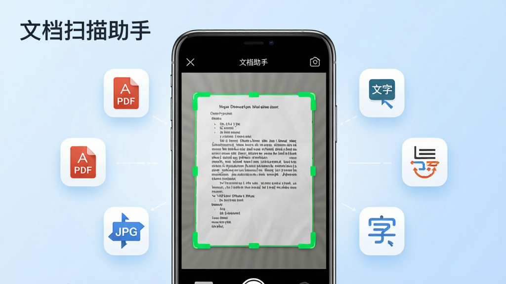 一张展示文档扫描助手App核心功能的宣传图,画面中央是一部智能手机,手机屏幕上显示文档扫描助手App的拍摄界面,画面中有一张纸质文档正在被扫描,文档边缘有绿色的自动识别框,手机周围漂浮着PDF、JPG、文字识别等图标,背景是干净的浅蓝色渐变,风格现代简洁,画质清晰,无多余元素,图中文字标注“文档扫描助手”