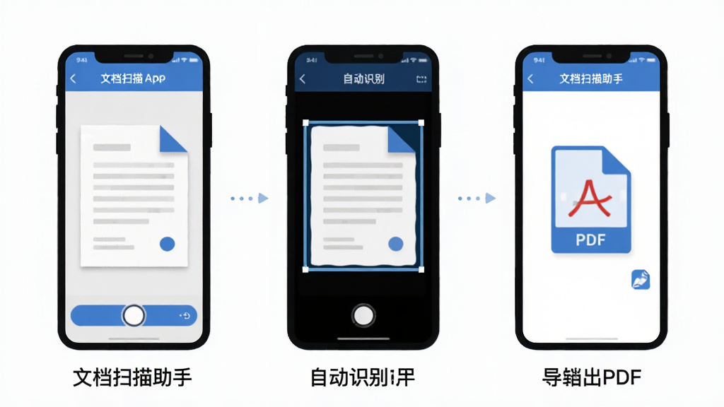 文档扫描助手App的操作步骤示意图,画面中从左到右展示三个手机界面,分别是打开App对准文档、自动识别边缘、导出PDF文件,每个界面下方有简洁的文字说明,整体风格扁平化,以蓝色和白色为主色调,画质干净清晰,无多余装饰元素,图中文字标注“文档扫描助手”
