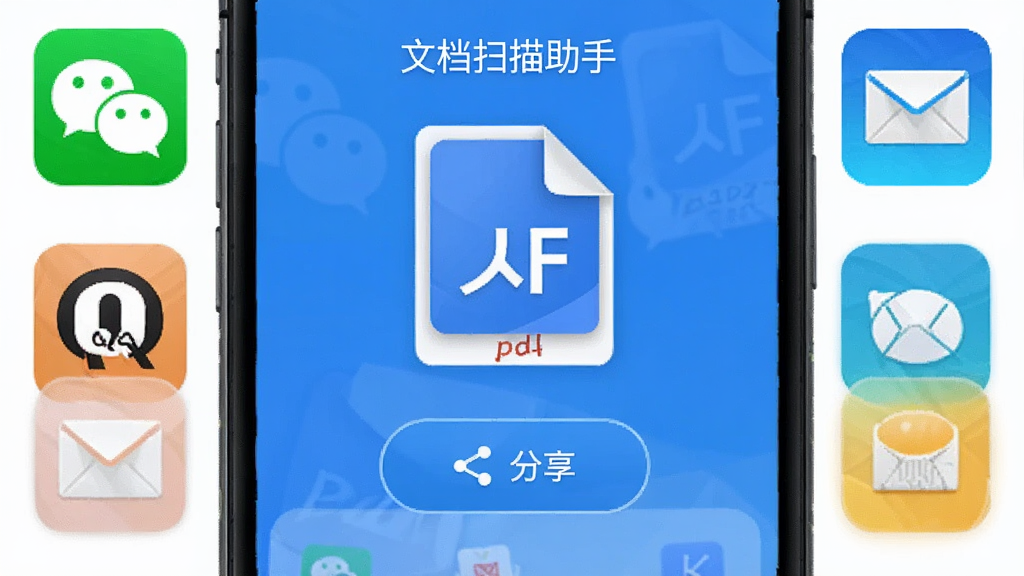 文档扫描助手App的导出分享界面,手机屏幕中显示一个PDF文件图标和分享按钮,周围有微信、QQ、邮件等分享渠道图标,界面设计简洁,以蓝色和白色为主色调,画质清晰,图中文字标注“文档扫描助手”