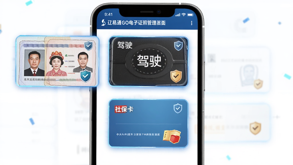 辽易通GO电子证照管理界面,手机屏幕中排列着身份证、驾驶证、社保卡三张虚拟卡片,卡片带有发光边框,主体为手机与证照列表,布局为垂直排列,排版整齐,风格为政务科技风,细节卡片上有微小的盾牌安全图标,画质清晰干净无多余元素
