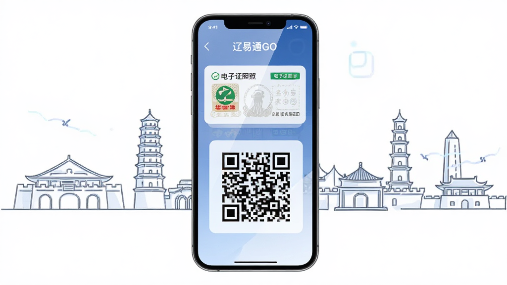 辽易通GO应用主界面展示,手机屏幕中央显示清晰的电子证照卡片和二维码,背景是辽宁地标建筑简笔轮廓,主体为手机与界面,布局采用居中构图,排版简洁大方,风格为现代扁平化科技感,细节上屏幕有轻微反光质感,图标圆润,画质高清干净无多余元素