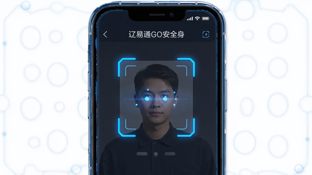 辽易通GO安全身份核验界面,手机屏幕中央显示人脸识别扫描框,框内有动态光点,主体为手机与识别界面,布局为居中,排版干净,风格为安全科技感,细节边框有蓝色呼吸灯效果,画质高清干净无多余元素