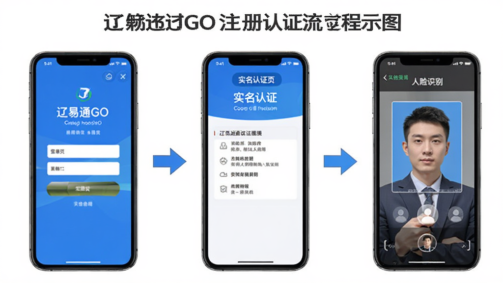 辽易通GO注册认证流程示意图,手机屏幕从左到右显示登录页、实名认证页、人脸识别页三个界面,主体为手机与流程展示,布局为横向排列,排版流畅,风格为教程图解,细节每个界面有箭头连接,画质清晰干净无多余元素