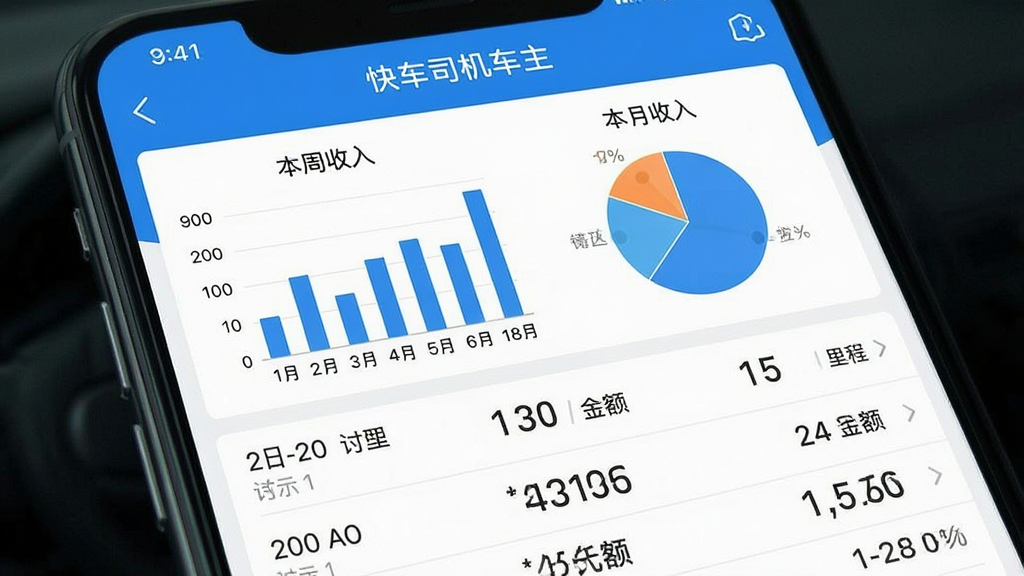 一张展示“快车司机车主”应用内流水统计页面的手机截图,画面中显示柱状图和饼状图,分别标注“今日收入”“本周收入”“本月收入”,下方有详细的订单列表,包含时间、金额和里程数据。界面以蓝白为主色调,图表清晰,数字醒目,整体风格简洁专业,画质干净无噪点。