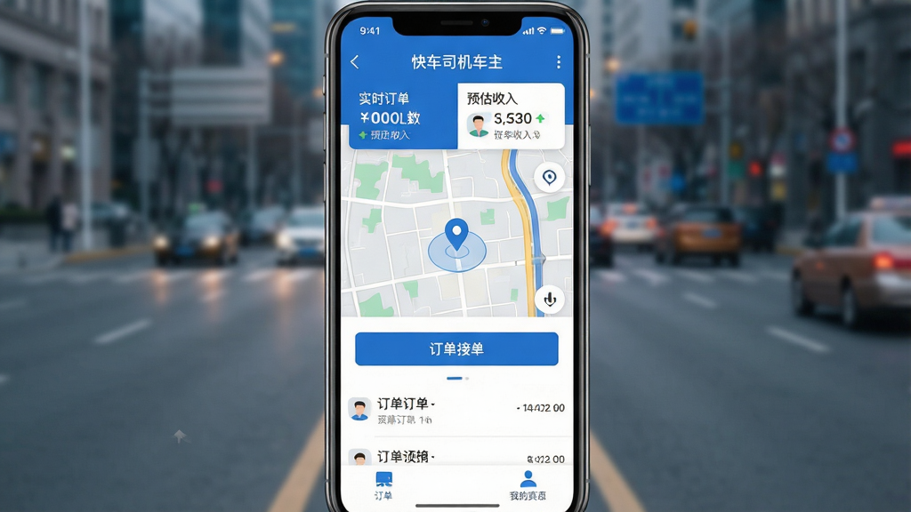 一张展示“快车司机车主”应用主界面的手机屏幕截图,画面中央是应用首页,顶部显示实时订单数量和预估收入,中间是地图定位和接单按钮,底部是订单列表和我的页面入口。整体布局清晰,采用蓝白配色风格,图标简洁明了,背景是城市道路虚化场景,画质干净高清,无多余元素。