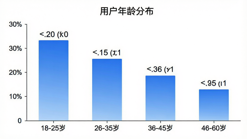 一张柱状图,展示“快车司机车主”用户年龄分布,横轴标注年龄段“18-25岁”“26-35岁”“36-45岁”“46-60岁”,纵轴标注人数占比,柱状颜色为蓝色渐变,图表标题为“用户年龄分布”,背景白色,数据标签清晰可见,整体风格简洁专业,画质干净无多余元素。