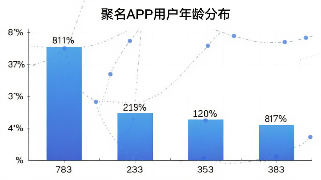 柱状图展示“聚名”APP用户年龄分布,主体为四根不同高度的柱子代表不同年龄段占比,布局是横轴年龄区间纵轴百分比,排版简洁明了,风格数据可视化,细节有蓝色渐变柱体和清晰数值标签,画质干净,无多余元素