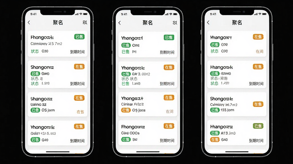 手机应用界面,主体为“聚名”APP的域名管理列表页,布局是垂直卡片式排列,每张卡片显示域名名称、状态标签和到期时间,排版整齐,风格清爽商务,细节有绿色“已售”和橙色“在售”小标签,画质干净,无多余元素