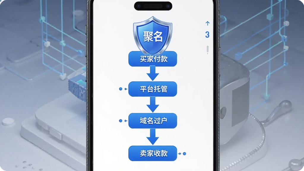 手机界面展示“聚名”APP的安全交易流程示意图,主体为盾牌图标和交易步骤节点,布局从上到下依次是买家付款、平台托管、域名过户、卖家收款,排版居中对称,风格安全可靠科技感,细节有蓝色盾牌和连接箭头,画质干净,无多余元素