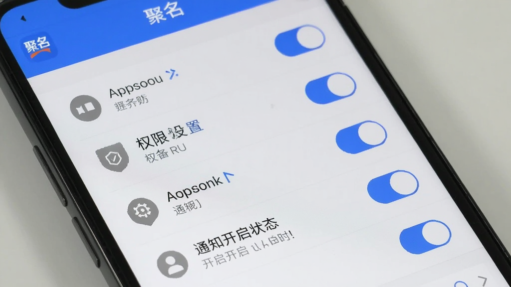 手机屏幕显示“聚名”APP的权限设置界面和通知开启状态,主体为权限列表和开关按钮,布局是垂直列表形式,排版清晰,风格实用工具类应用,细节有蓝色高亮开关和灰色权限图标,画质干净,无多余元素