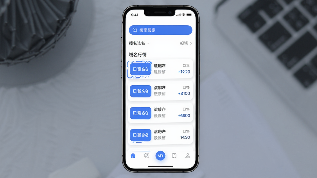 手机应用界面展示,主体为“聚名”APP主页面,布局包含顶部搜索栏、中间域名行情列表和底部导航栏,排版清晰,风格简约现代科技感,细节有蓝色高亮按钮和圆角卡片,画质干净,无多余元素
