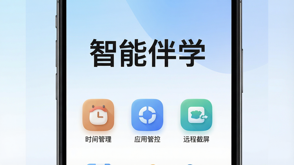 一张展示智能伴学APP核心全貌的宣传图,主体是一部智能手机屏幕,屏幕上显示智能伴学应用的主控制界面,界面中央有“智能伴学”四个大字,下方排列着时间管理、应用管控、远程截屏三个功能图标,布局清晰,排版居中,风格现代扁平化,细节上图标圆润有质感,背景为柔和的蓝白渐变,画质干净,无多余元素