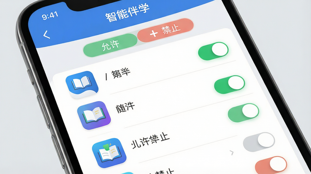 一张展示智能伴学应用权限管理功能的界面图,主体为手机屏幕特写,屏幕上显示智能伴学APP的应用列表界面,每个应用图标旁有开关按钮,上方有“允许”和“禁止”标签,布局为垂直列表,风格简洁科技感,细节上开关状态清晰可辨,背景为浅灰色,画质干净,无多余元素