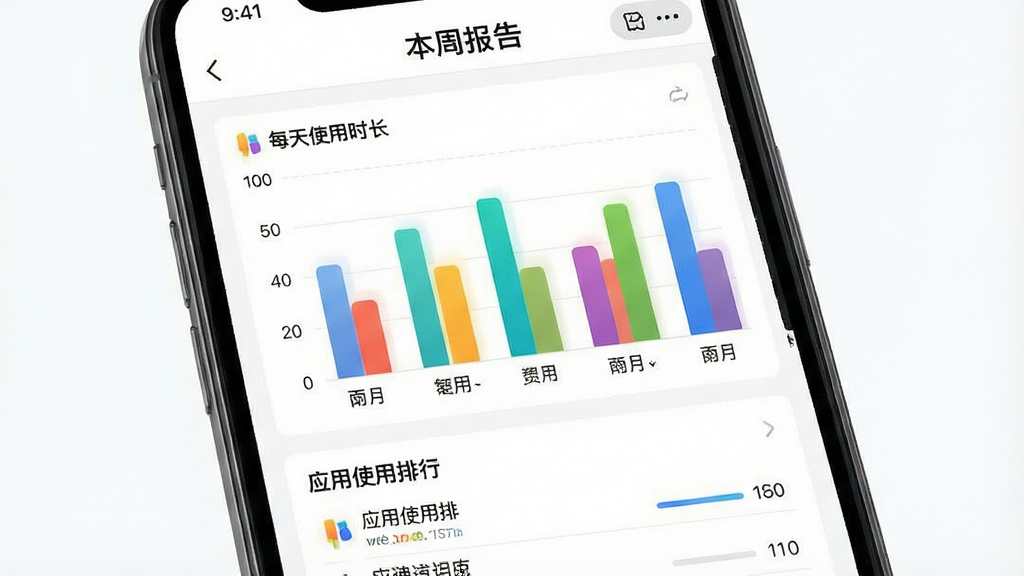 一张展示智能伴学使用报告功能的界面图,主体为手机屏幕显示周报页面,页面上有柱状图展示每天使用时长,下方有应用使用排行列表,顶部有“本周报告”标题,布局清晰,风格数据可视化,细节上柱状图颜色分明,背景为白色,画质干净,无多余元素