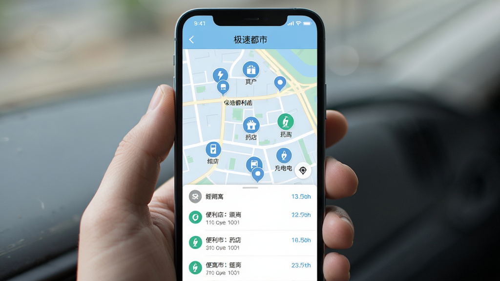 ���ٶ����ܱ߷�����Ϣ��ѯ���棬�ֻ���Ļ��ʾ��ͼģʽ�������ע���ܱߵı����ꡢҩ�ꡢ���׮��ͼ�꣬�ײ����б�չʾ���롣����ɫ��Ϊǳ��ɫ�Ͱ�ɫ����ͼ������£�ͼ���࣬���ʸɾ���������������Ϣ��