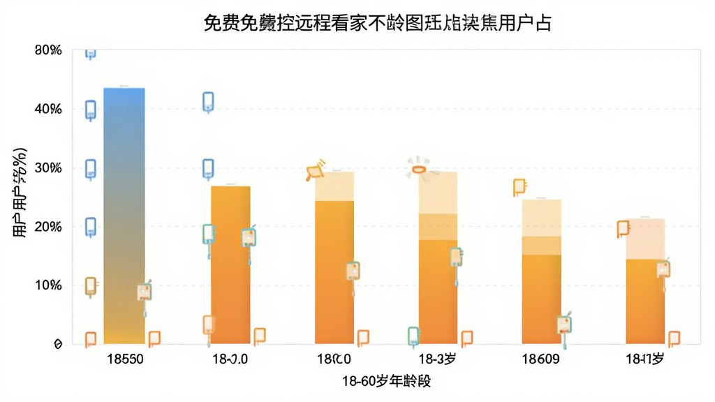 免费监控远程看家 不同年龄段用户占比柱状图 横轴为18-60岁年龄段 纵轴为用户百分比 风格数据可视化 布局清晰 细节准确 画质干净 无多余元素
