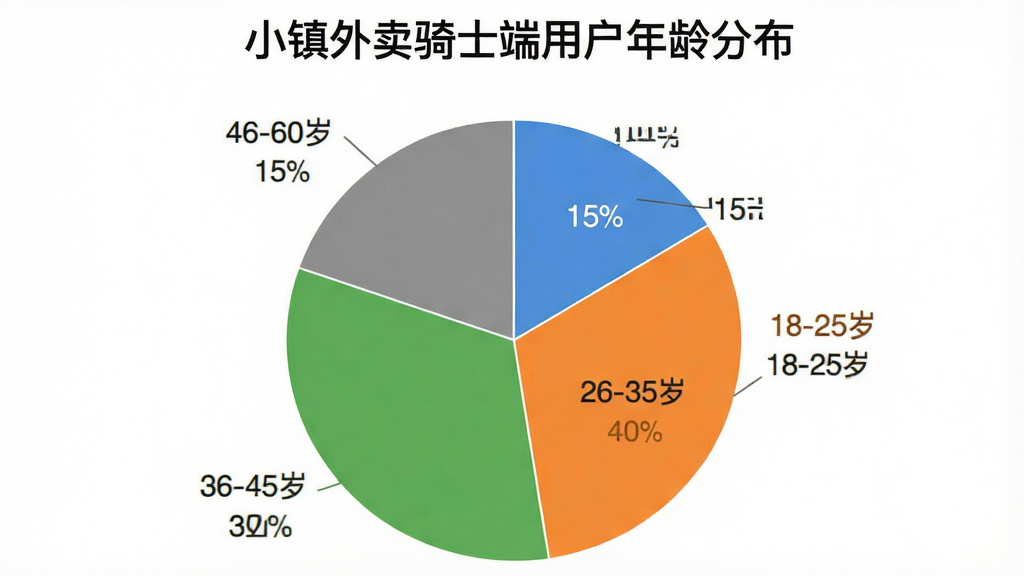 小镇外卖骑士端用户年龄分布饼状图,图表分为四个扇形区域,分别标注“18-25岁 15%”“26-35岁 40%”“36-45岁 30%”“46-60岁 15%”,颜色分别为蓝色、橙色、绿色、灰色,图表背景白色,标题为“小镇外卖骑士端用户年龄分布”,数据标签清晰,扁平化图表风格,画质干净无多余元素