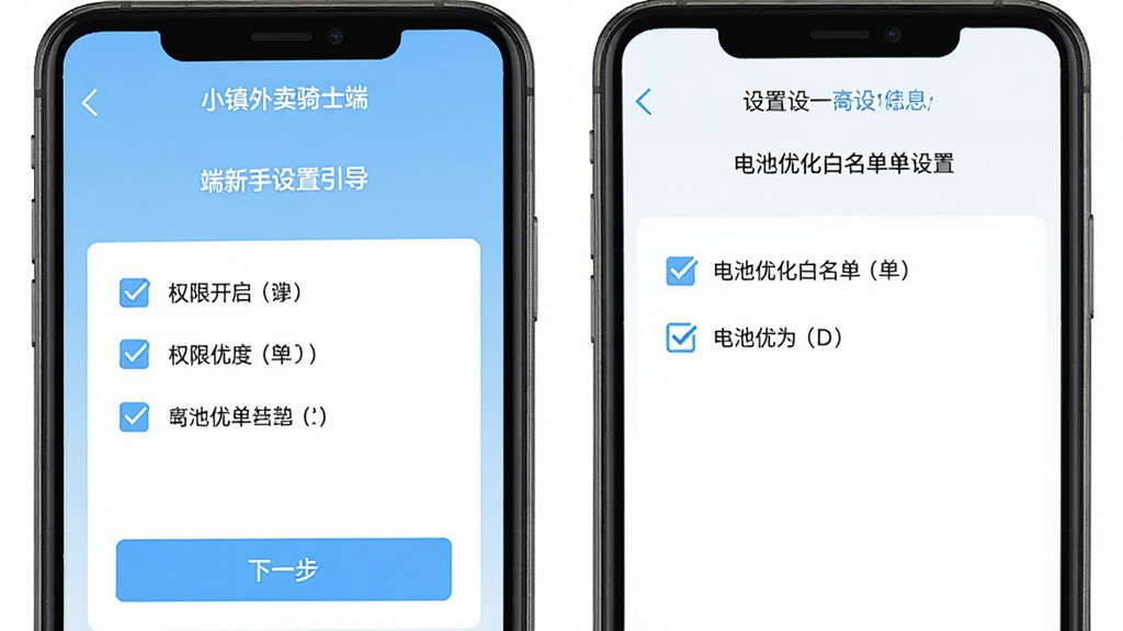 小镇外卖骑士端新手设置引导界面,手机屏幕显示权限开启步骤和电池优化白名单设置页面,有清晰的勾选框和下一步按钮,背景是浅蓝色渐变,界面元素简洁明了,文字标注“小镇外卖骑士端”和设置项名称,扁平化设计风格,画质干净无多余元素