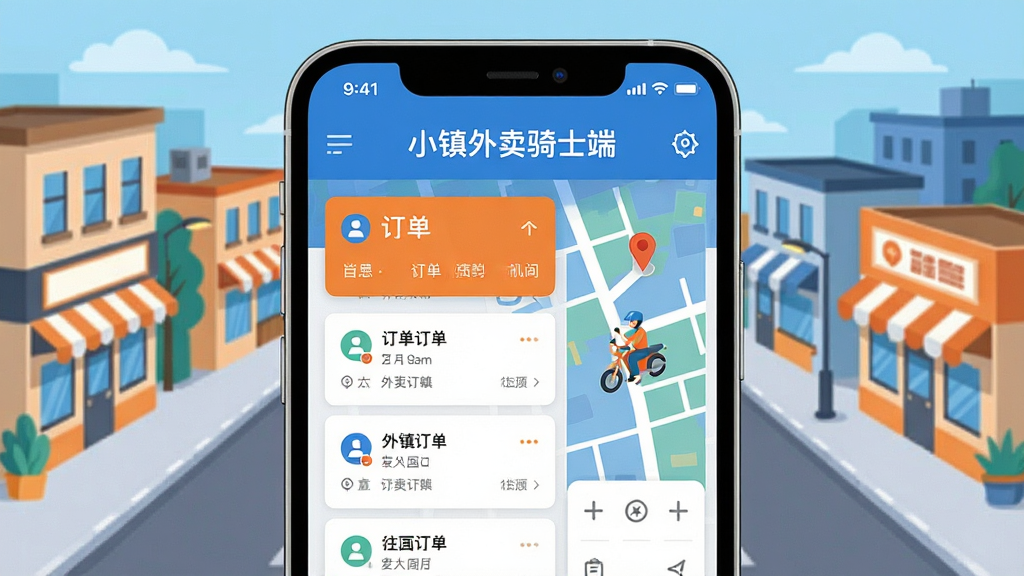 小镇外卖骑士端App主界面全貌展示,手机屏幕中央显示醒目的订单列表和地图导航,背景是小镇街道和商铺的插画风格,整体色调以蓝色和橙色为主,界面干净整洁,突出“小镇外卖骑士端”文字标识,扁平化设计风格,细节清晰,画质干净无多余元素