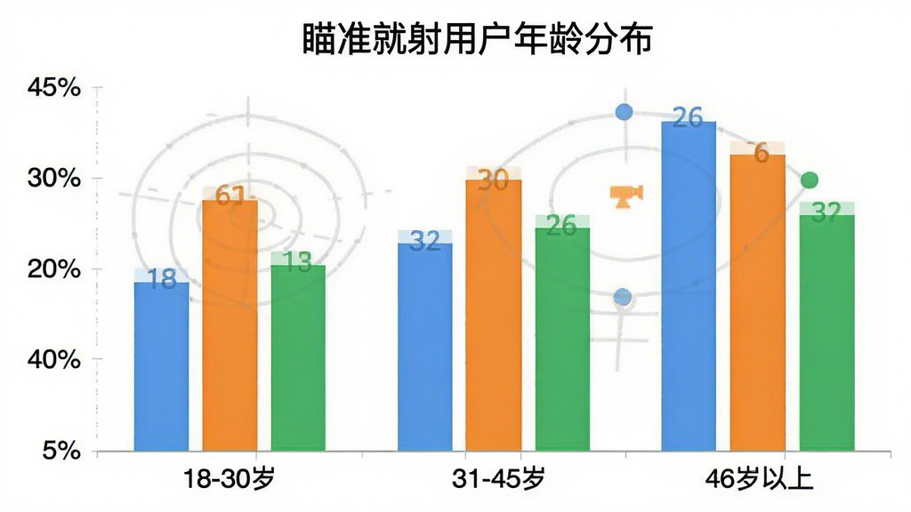 一张展示瞄准就射用户年龄分布的柱状图,横轴为年龄段18-30岁、31-45岁、46岁以上,纵轴为用户占比百分比,柱状图颜色分别为蓝色、橙色、绿色,图表标题为“瞄准就射用户年龄分布”,背景为白色,风格简洁现代,画质干净无多余元素