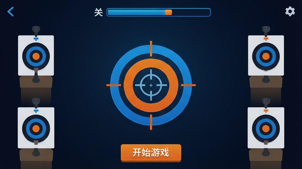 一张展示手机游戏瞄准就射界面的图片,画面中央是瞄准就射游戏的主界面,背景为深色渐变,中间有圆形靶心和准星图标,顶部显示关卡进度条,底部有开始游戏按钮,左右两侧分布着不同难度的射击靶,整体风格简洁现代,色彩以蓝橙撞色为主,画质清晰干净,无多余元素