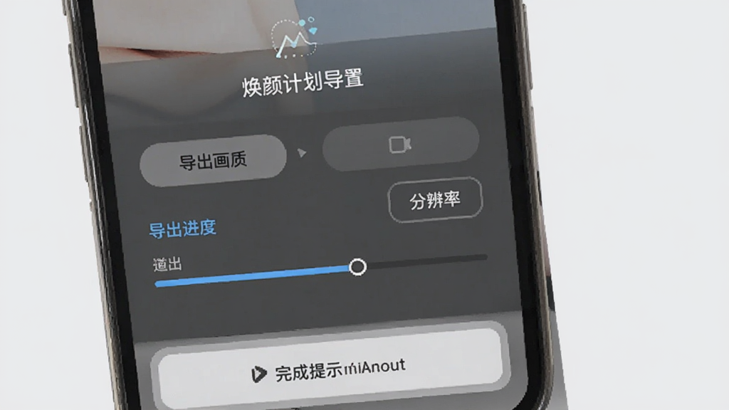 焕颜计划导出设置界面,手机屏幕显示导出画质选项和分辨率选择,下方有导出进度条和完成提示,界面中带有“焕颜计划”字样,风格简洁明了,背景为浅灰色,画质清晰,无多余元素