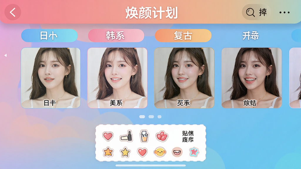 焕颜计划滤镜选择界面,展示各种风格滤镜的缩略图预览,包括日系、韩系、复古等分类标签,下方有贴纸库入口,界面中带有“焕颜计划”文字标识,整体色彩丰富但排版整齐,风格年轻化,画质干净无多余元素