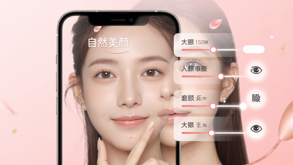 焕颜计划美颜功能界面展示,手机屏幕中显示一位年轻女性面部,旁边浮动着磨皮、瘦脸、大眼等参数调节滑杆,界面标注着“自然美颜”字样,背景是柔和的渐变粉色,风格简约时尚,画质干净清晰,无杂乱元素