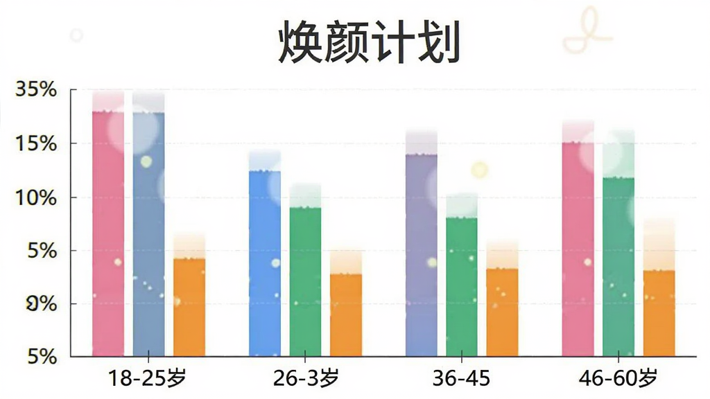 焕颜计划用户年龄分布柱状图,横轴为18-25岁、26-35岁、36-45岁、46-60岁四个年龄段,纵轴为用户占比百分比,柱状图颜色分别为粉色、蓝色、绿色、橙色,图表中带有“焕颜计划”文字标识,风格简洁清晰,画质干净,无多余元素