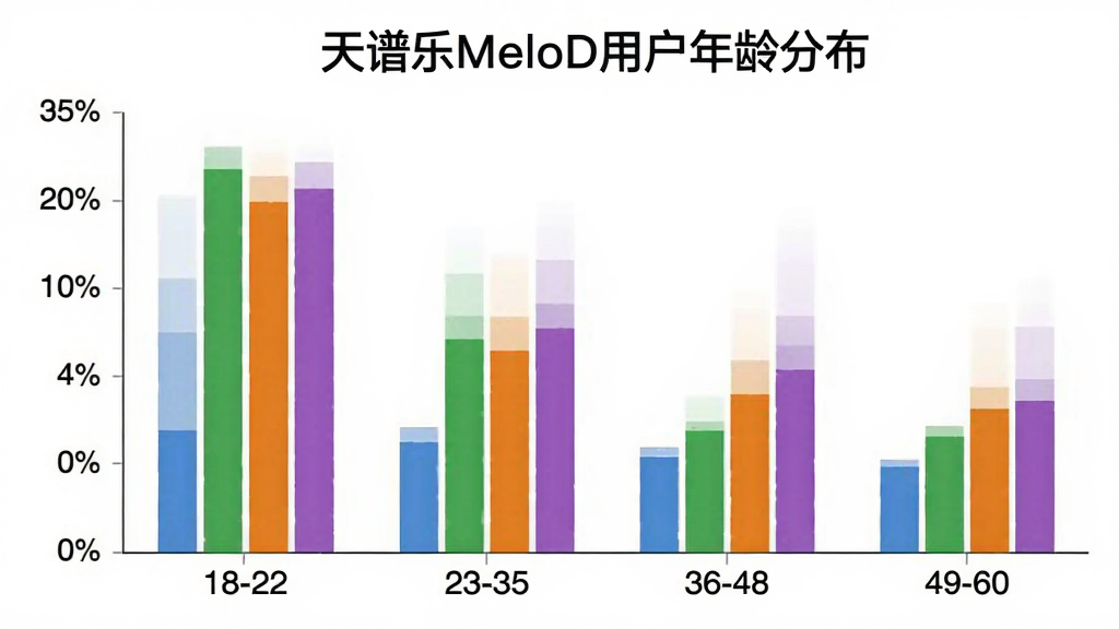 一张展示天谱乐MeloD用户年龄分布的柱状图,横轴为年龄段18-22、23-35、36-48、49-60,纵轴为用户占比,柱状图颜色分别为蓝色、绿色、橙色、紫色,背景为白色,图表标题为“天谱乐MeloD用户年龄分布”,风格简洁,画质清晰。