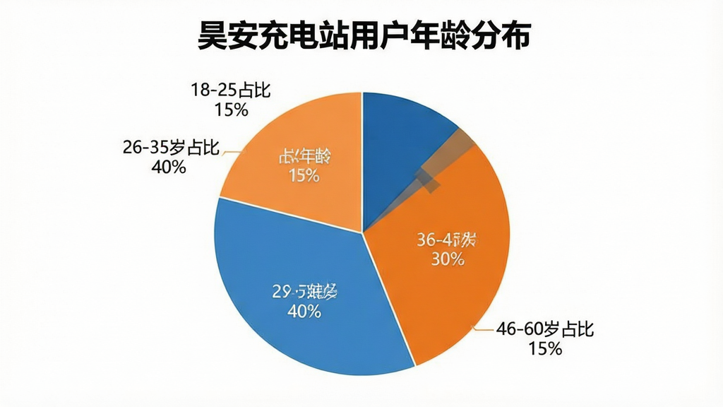 一张展示用户年龄分布的饼状图图片,图表标题为“昊安充电站用户年龄分布”,数据为18-25岁占比15%,26-35岁占比40%,36-45岁占比30%,46-60岁占比15%,配色为蓝色系和橙色系,风格简洁商务,细节清晰,画质干净,无多余元素